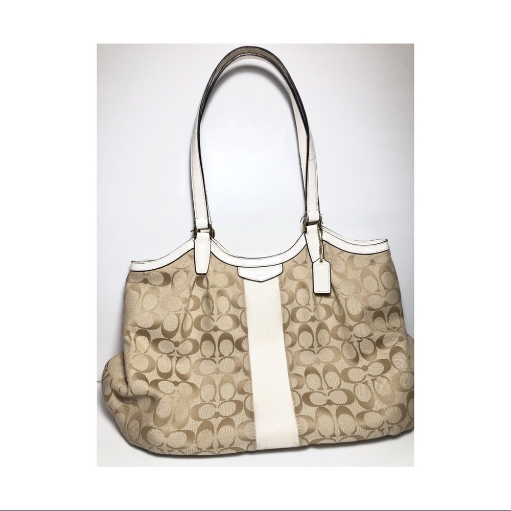 Coach Beige White Leather Trim Tote Bag Purse Bag